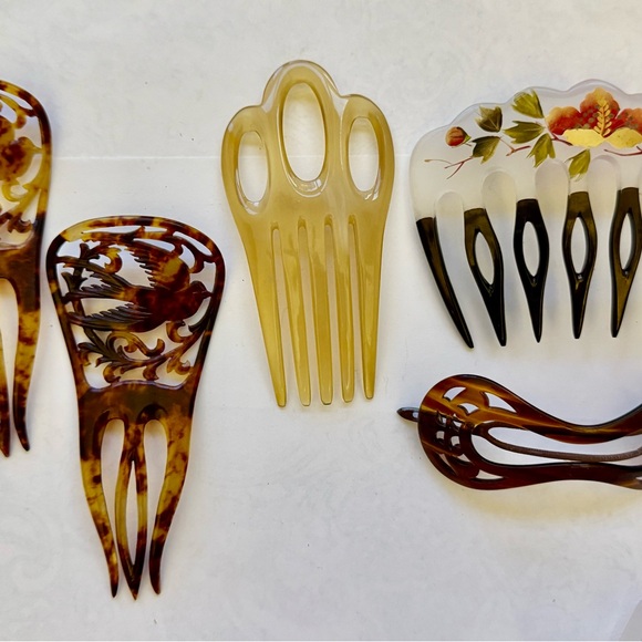 vtg faux tortoise hair comb spanish style blue rhinestones 5 combs 1 hair clip - Picture 3 of 13